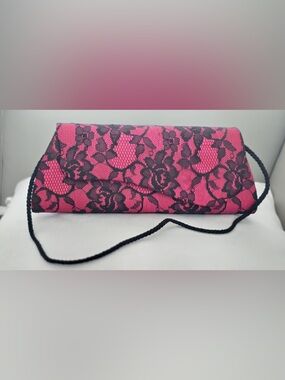 Pink Lace Overlay Evening Clutch with Cord Strap